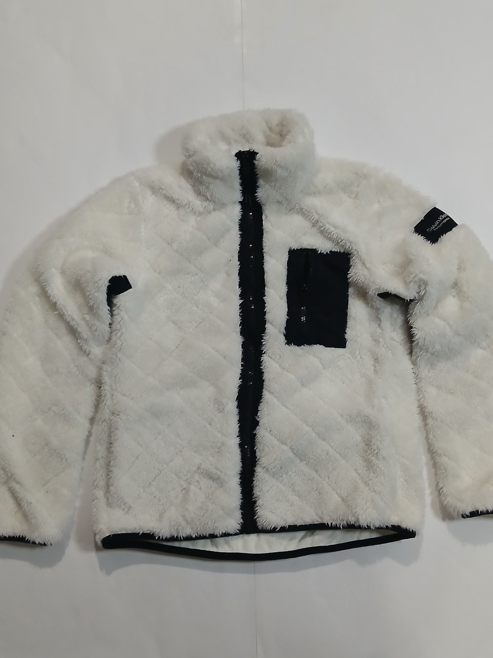 Calvin Klein White Faux-Fur Puffer Jacket with Black Trim